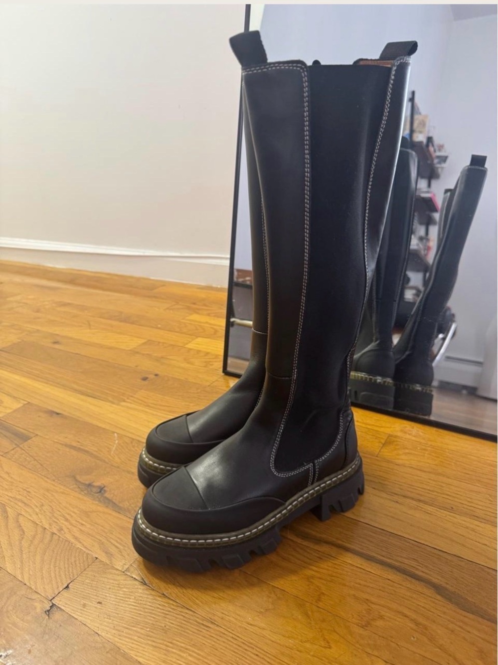 GANNI Black Knee-High Platform Chelsea Boots - Size 27